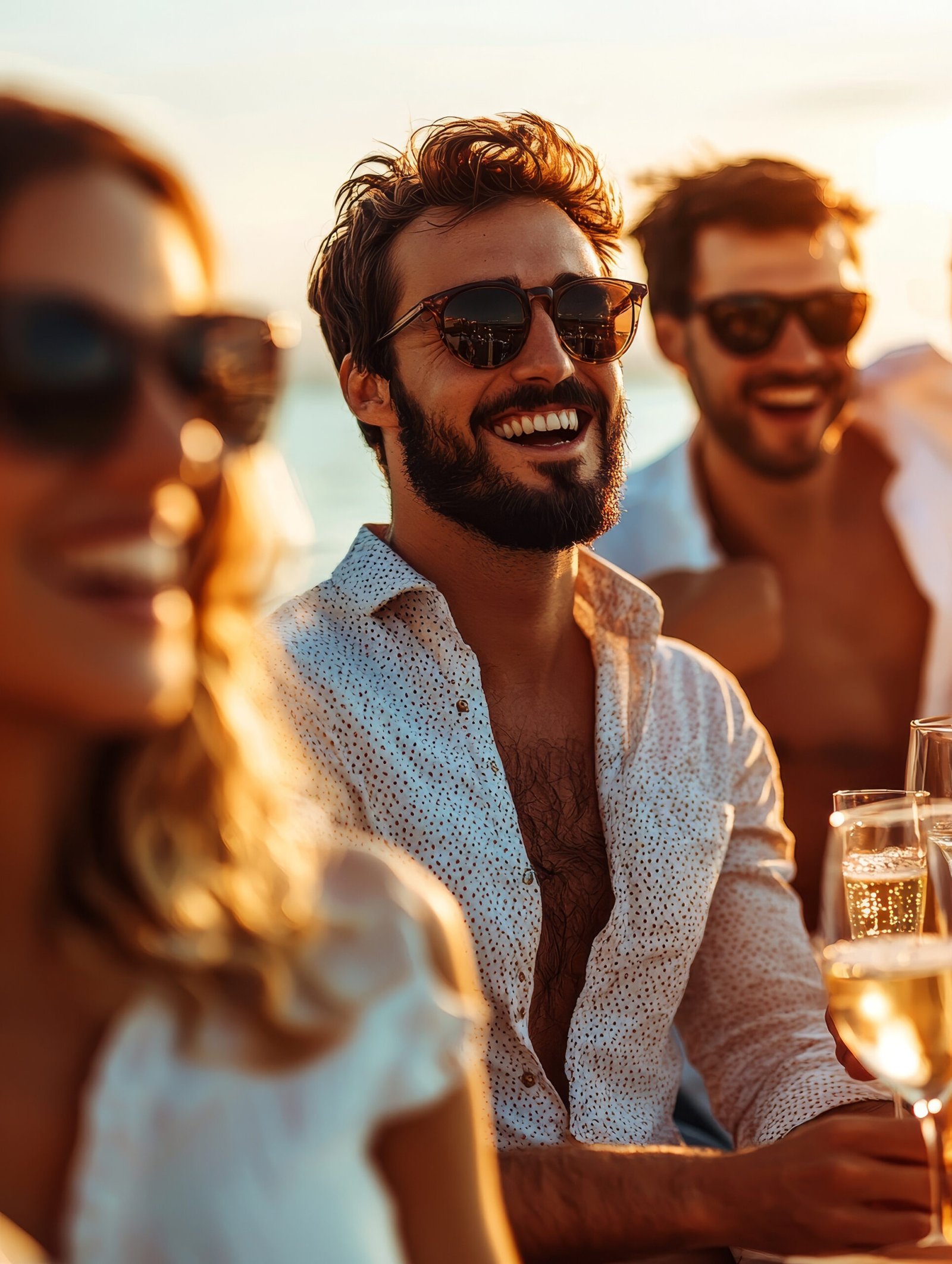 Golden hour friends laughing, enjoying drinks outdoors